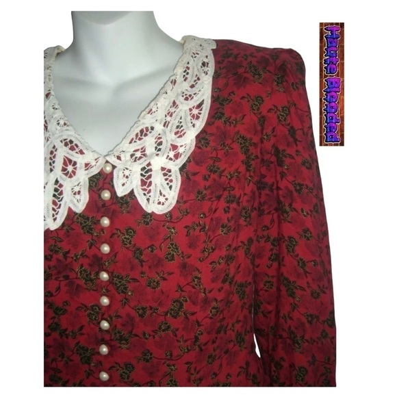Vintage 80's Miss Dorby Red Flower Pearl Lace Prairie Dress Cottagecore Cottage - Picture 9 of 15